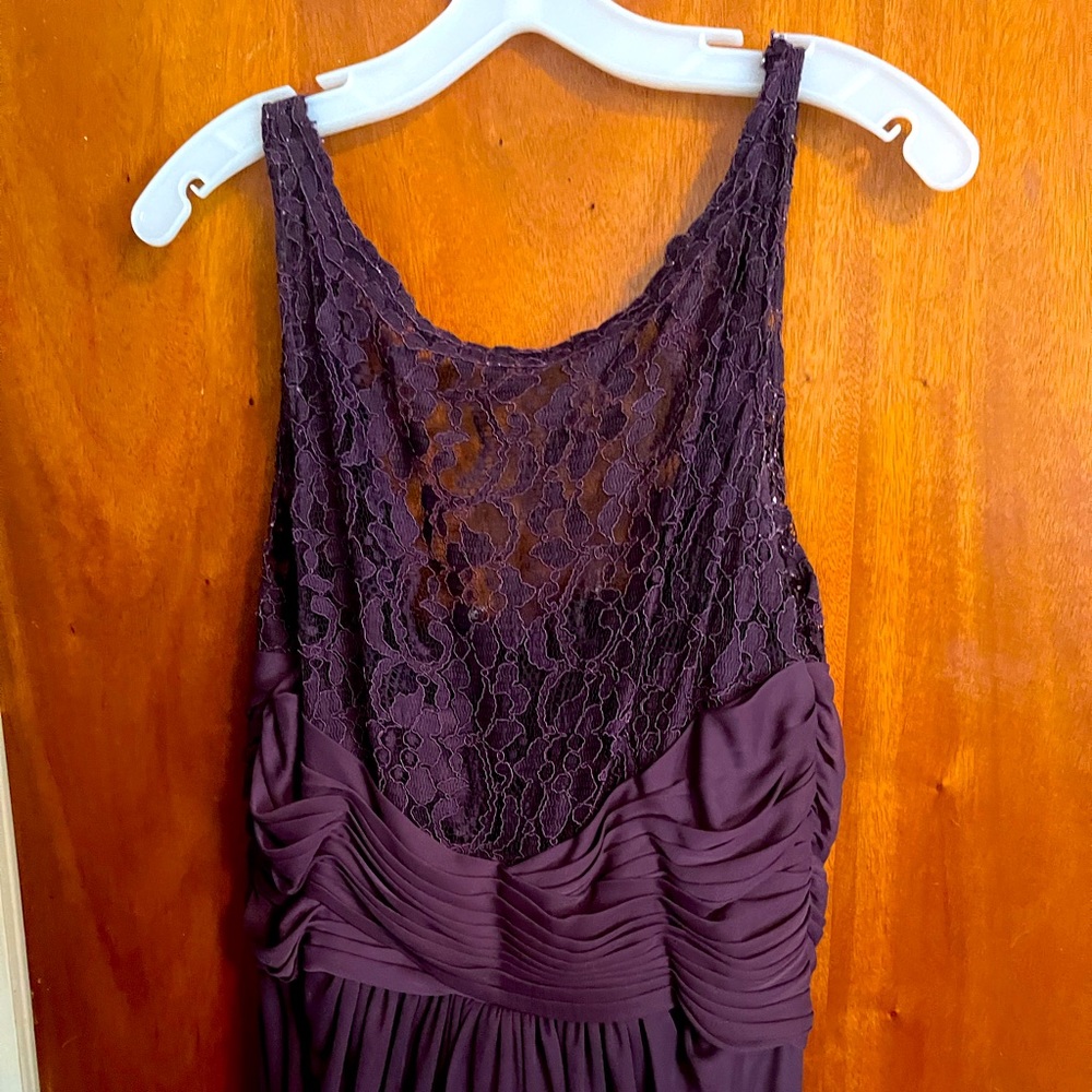 David’s Bridal floor length bridesmaid dress in color Plum.